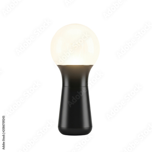 Modern minimalist black table lamp with warm glowing spherical bulb on pure white background