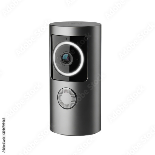 Modern sleek black cylindrical smart camera with circular lens and button design against white background