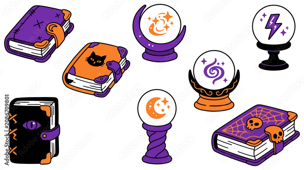 Fototapeta premium Whimsical witchy crystal ball and spellbook illustrations