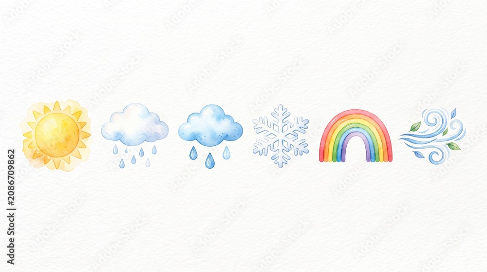 Naklejka premium Watercolor weather icons, a charming collection of hand-painted climate symbols, perfect for forecasting and environmental design.