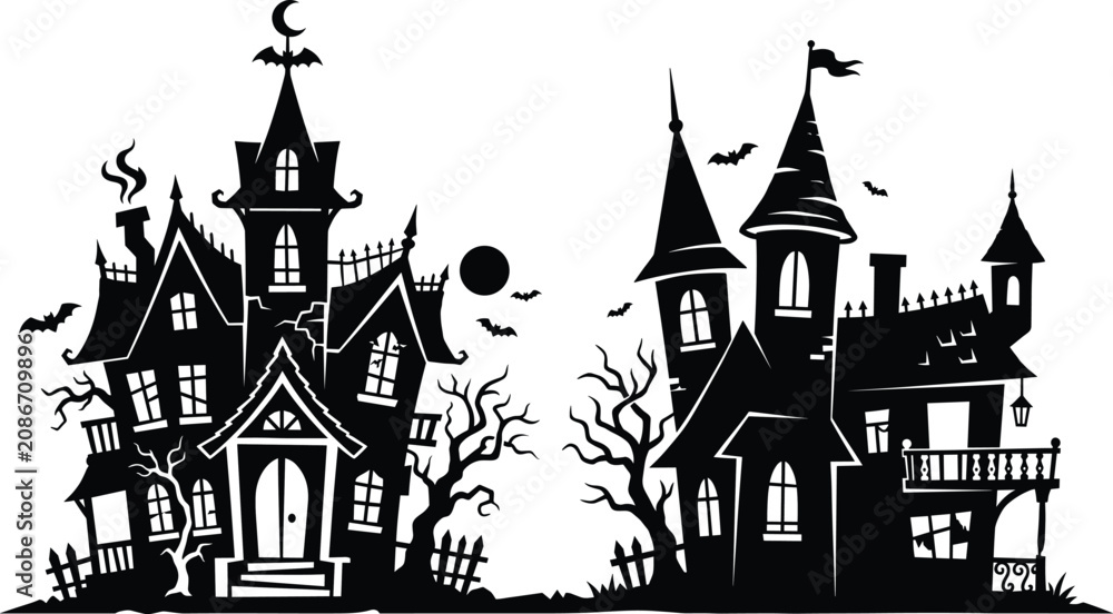 Fototapeta premium Haunted House Silhouette Illustration with Spooky Trees and Bats for Halloween Design