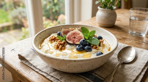 Delicious oatmeal bowl with fresh fruits.