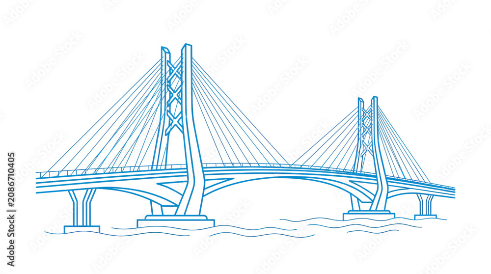 Fototapeta premium Modern Cable-Stayed Bridge Illustration, Blue Outline Drawing