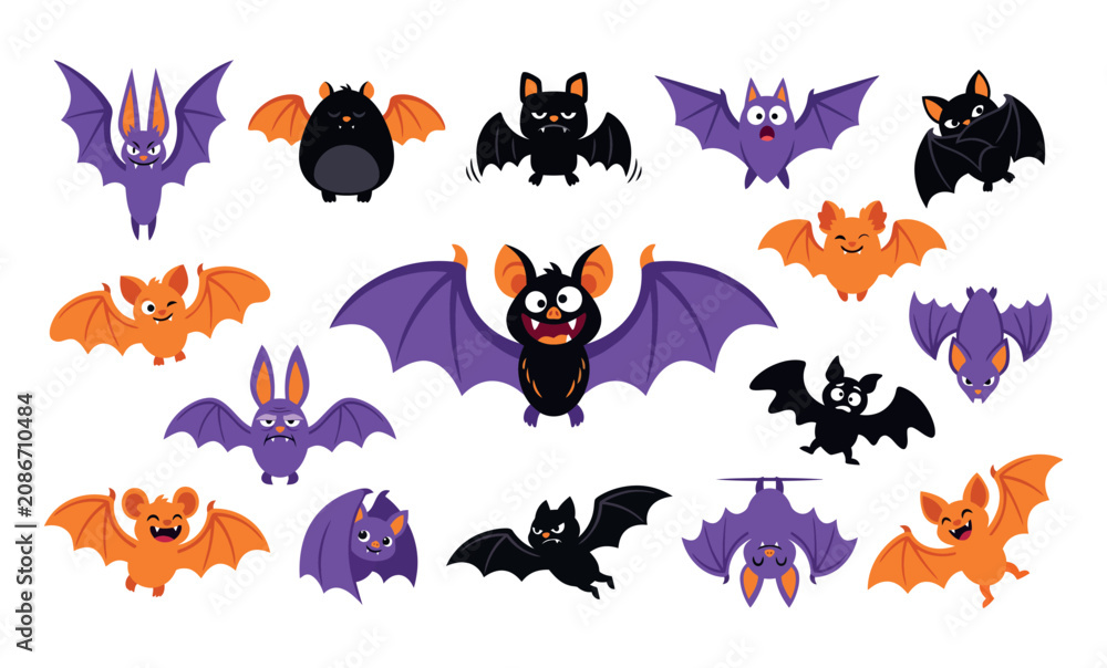 Obraz premium Halloween icon set cartoon bats in various colors and expressions