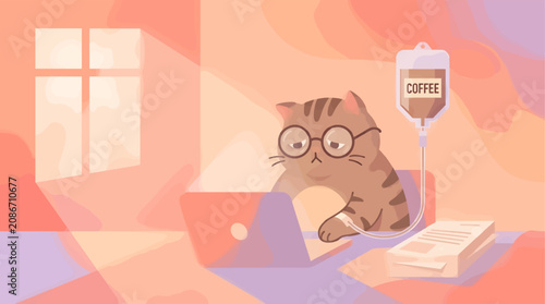 Quadro su tela Cute Tabby Cat Wearing Glasses, Exhausted Under Pressure with Coffee IV Drip, Wo