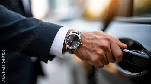 Close detail of a chauffeur's wrist with a classic understated watch and crisp white shirt cuff as he holds a black SUV door handle, dark suit sleeve, soft morning light, editorial