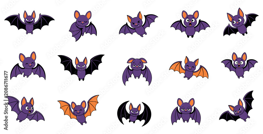 Fototapeta premium Halloween icon set cartoon bat illustrations for spooky designs