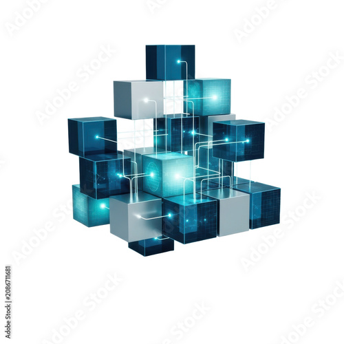 A futuristic digital pyramid composed of glowing blue and silver cubes with intricate network connections and data streams
