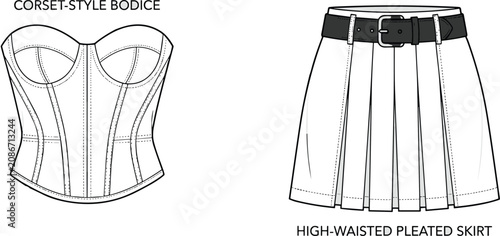 Foto Fashion technical sketch of corset style bodice and high waisted pleated skirt w