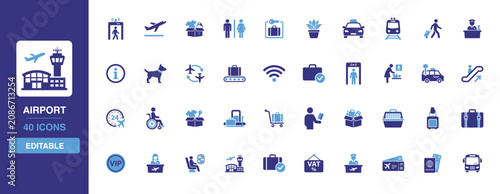 Bild auf Leinwand Airport icon set featuring travel terminal services, flight departures, baggage handling, customs security checks and passenger assistance glyph symbols for tourism maps