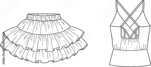 Obraz na płótnie Fashion technical sketch of women ruffled tutu skirt and strappy crisscross cami