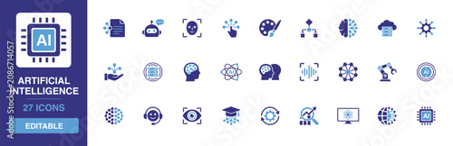 Fotografía Cognitive computing icon set featuring advanced machine learning algorithms, database automation, robotic operations, smart technology processes and neural network glyph designs