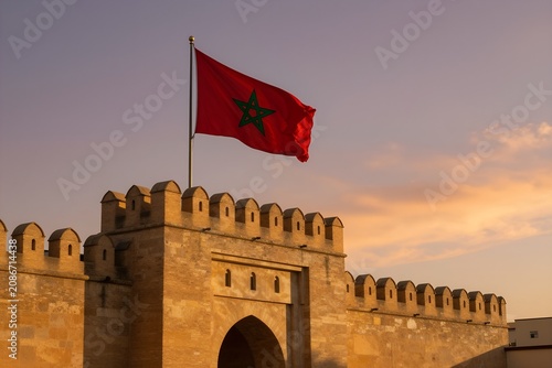 Moroccan Flag Over Ancient Fez Gate at Sunset