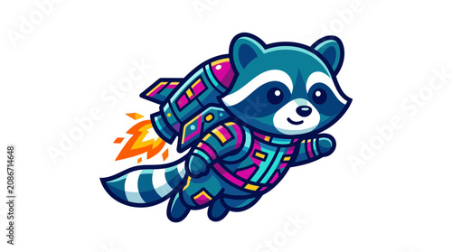Quadro su tela Cute Raccoon Astronaut Flying with Rocket Pack