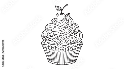 Εκτύπωση καμβά Intricate mandala cupcake coloring page, hand drawn dessert vector with cherry a