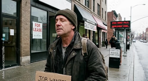 Man holding a job wanted sign on a city street, facing hardship