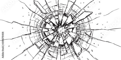 Tableau sur toile Broken glass texture with spiderweb cracks and shattered patterns in black and w