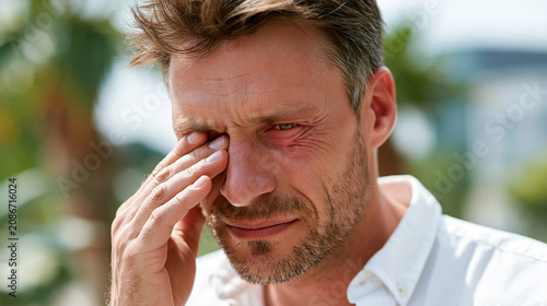 Photorealistic candid close-up scene of a man rubbing his red irritated watery eyes with his fingers outdoors, visibly uncomfortable expression, slightly puffy red eyelids, outdoor