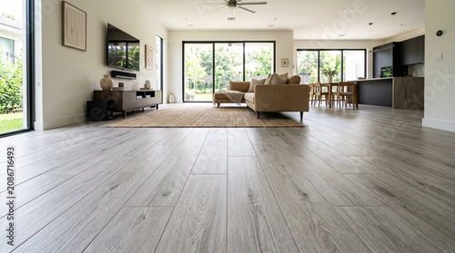 Expansive beautifully laid light gray wood-look porcelain tile flooring with realistic grain patterns in a spacious modern living room.