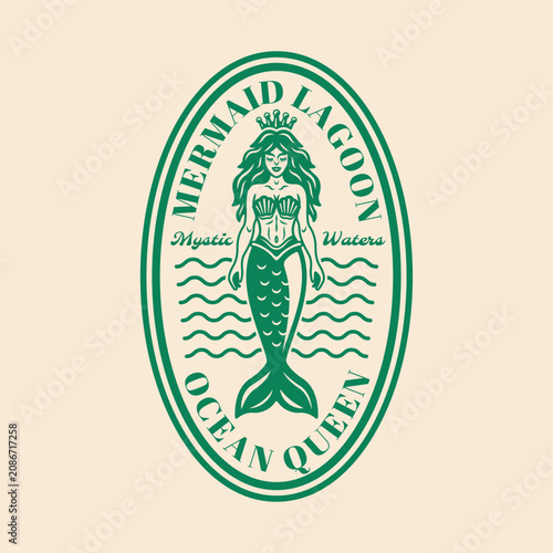 Mermaid emblem with decorative nautical elements, detailed engraved vector badge ideal for branding, tattoos, and marine labels