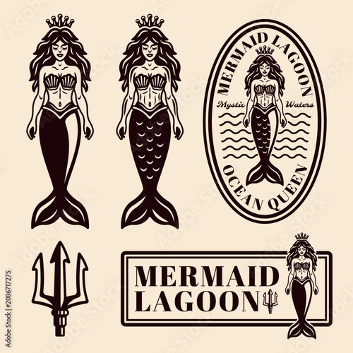Set of mermaid illustrations, nautical elements and vintage emblems, monochrome engraved vector collection for maritime, pirate, and coastal designs
