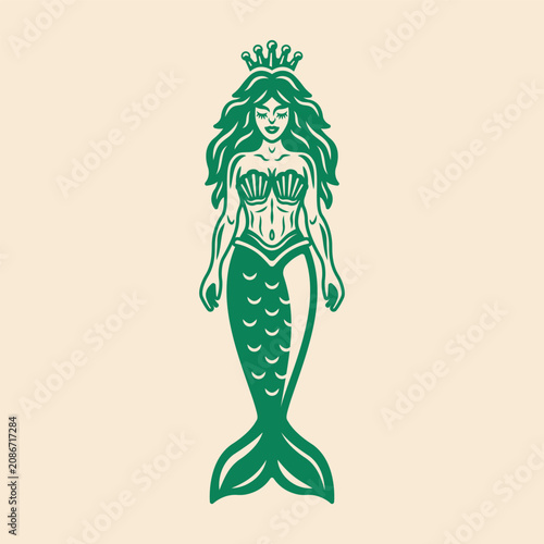Vintage monochrome mermaid vector illustration with detailed engraving, elegant mythical sea creature perfect for nautical, tattoo, and marine designs
