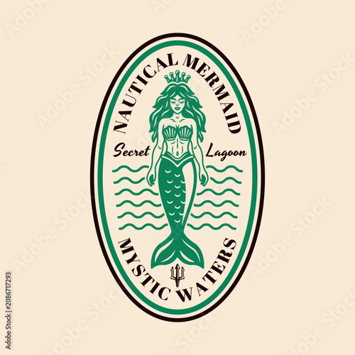 Vintage mermaid emblem with decorative nautical elements, detailed engraved vector badge ideal for branding, tattoos, and marine labels