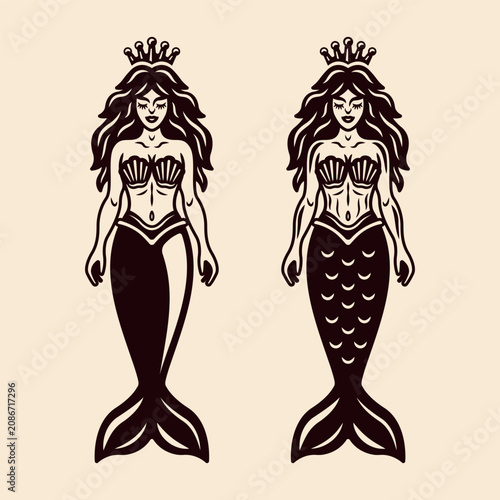 Mermaid illustrations in two vintage styles, engraved monochrome vector artwork for fantasy, pirate, and ocean themed projects