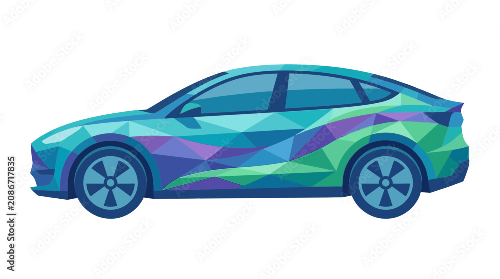 Fototapeta premium Modern Electric Car with Geometric Polygonal Design, Blue and Green