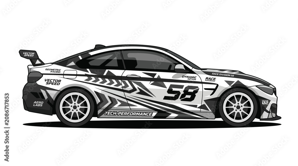 Fototapeta premium Modern Race Car Vector Graphic with Abstract Decals and Number 58