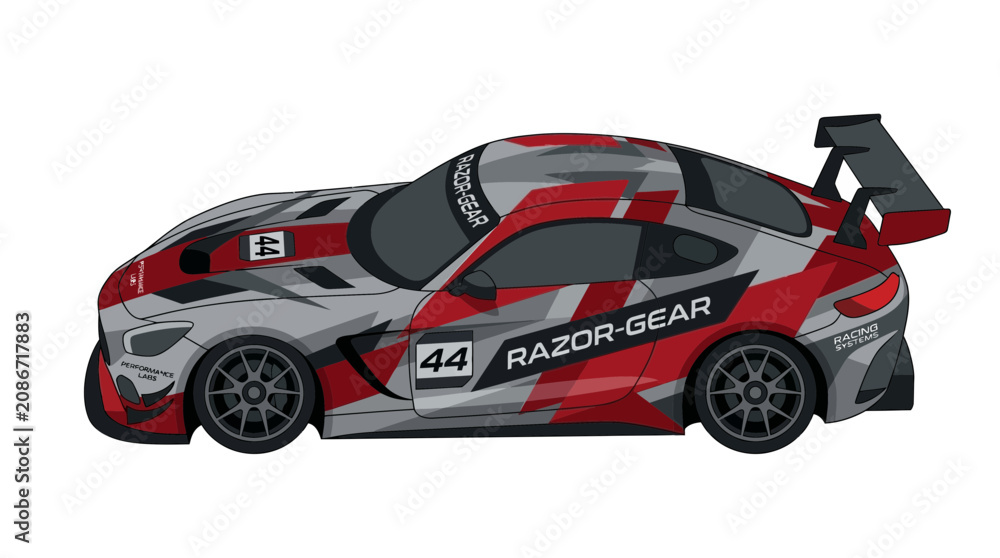 Fototapeta premium Modern Racing Car with Red and Grey Camouflage Livery and Number 44