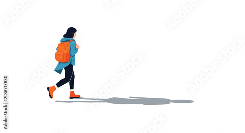 Side view of a person with a dark backpack walking across a white surface with a long shadow cast on the ground.