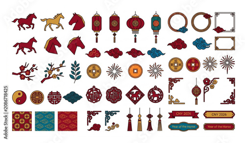 Chinese New Year 2026 Year of the Horse Flat Vector Elements Set with Traditional Lunar Holiday Decorations