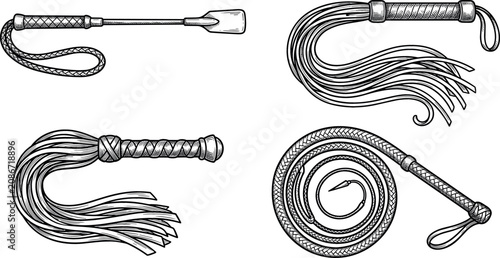 Schilderij op canvas Vintage hand drawn whip vector illustration set with leather bullwhip riding cro