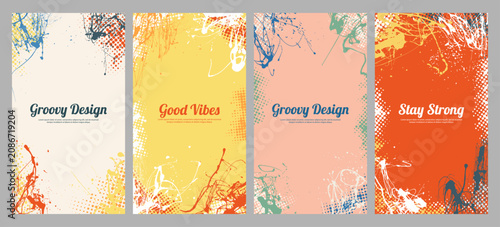 Vector illustration. Artistic summer background set. Liquid paint splashes and halftone dots. Design elements for flyer, advertising, invitation, leaflet. Bright dye splatter. Modern art graphic	