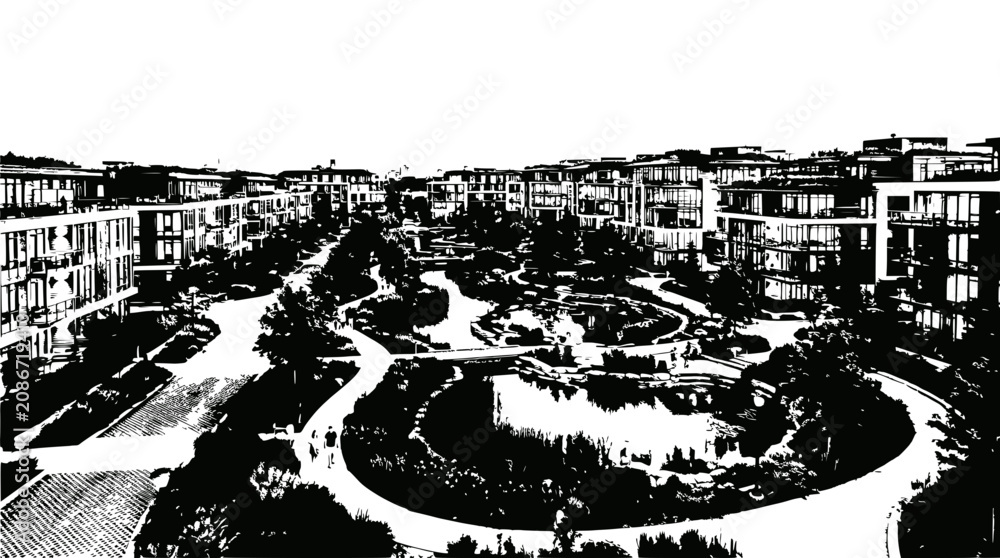 Fototapeta premium Modern Residential Complex with Lush Greenery and Water Features