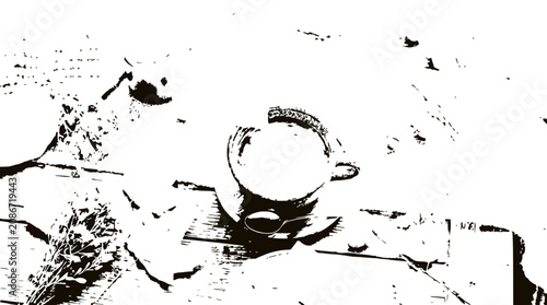 Top view of a coffee cup on a rustic wooden table, black and white artistic sketch