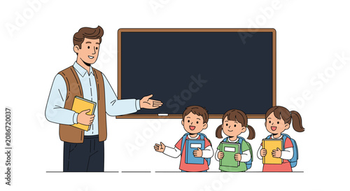 Male teacher explaining something to his diverse group of young students in a classroom setting with a large blackboard.