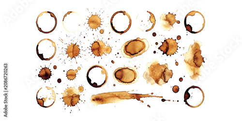 Tableau sur toile Set of brown coffee and tea cup ring stains and messy drink splashes