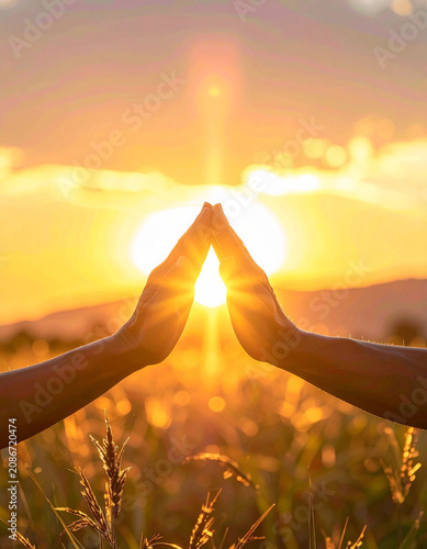 Manos rezando hacia la luz del sol de amanecer en un paisaje cálido y sereno. Simbolo de oración, esperanza, fe, gratitud, confianza y paz interior