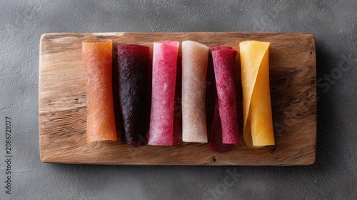 Five assorted rolled fruit leather snacks made of berry and fruit puree on a wooden surface