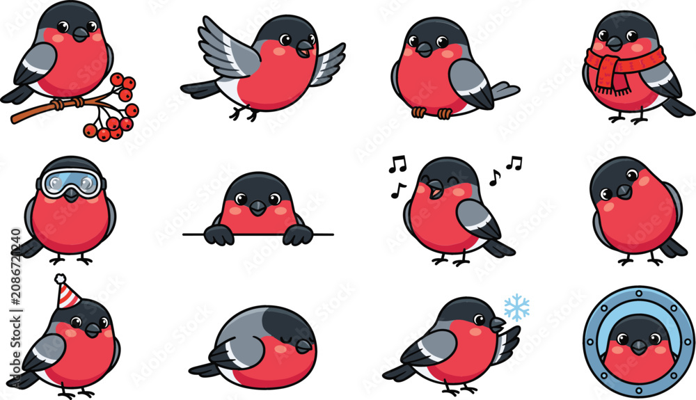 Obraz premium Cute Kawaii Bullfinch Bird Character Set with Happy Winter Cartoon Poses Showing Flying, Singing, and Wearing Scarf for Christmas Greeting Card Graphic Designs