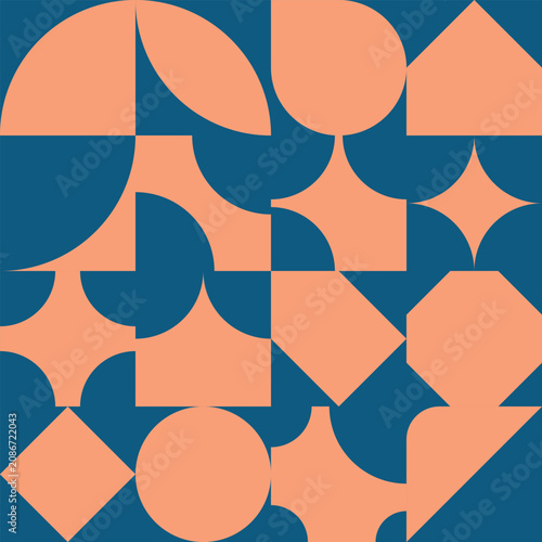 Contemporary abstract geometric pattern arranged in a seamless modern composition. This minimalist vector design combines circles, semicircles, squares, diamonds, and organic geometric forms inspired 