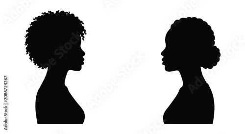 Bild auf Leinwand Two female head silhouettes with differing hairstyles against a white background