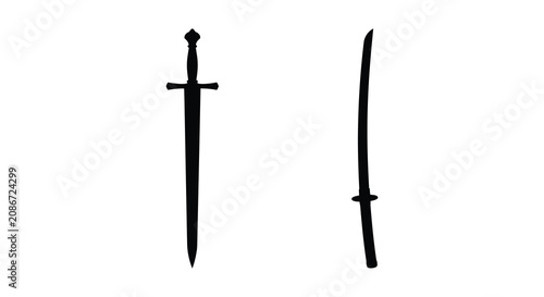 Tableau sur toile Two medieval swords a longsword and a katana depicted as a black silhouette swor