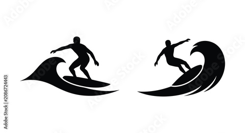 Photography Surfers riding ocean waves in black silhouette against a white background silhou