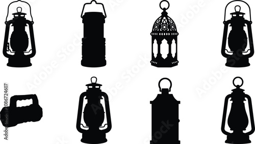 Foto Vintage Lantern Silhouette Collection with Camping Oil Lamp and Decorative Hangi