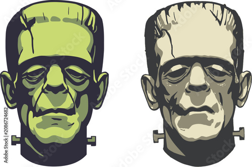Two frankenstein monster heads facing opposite directions