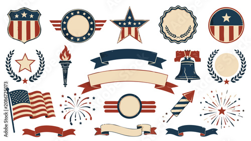 Patriotic line icons and symbols for 4th of July celebrations, usa patriotic icon pack with american flags and banners