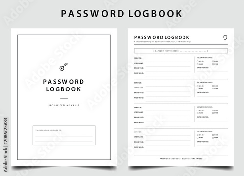 Password Logbook Notebook Pages for Secure Offline Credential Storage Letter Size Page Printable Vector Illustration